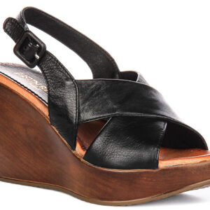 Celeste Wedge Sandals in Black Leather by Justin Reess