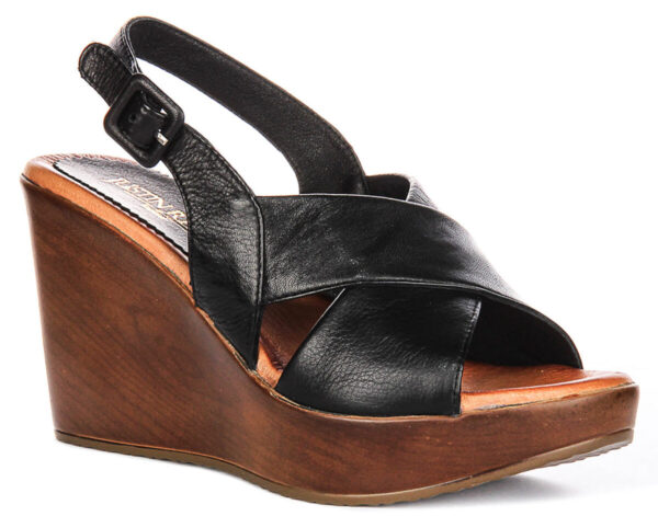 Celeste Wedge Sandals in Black Leather by Justin Reess