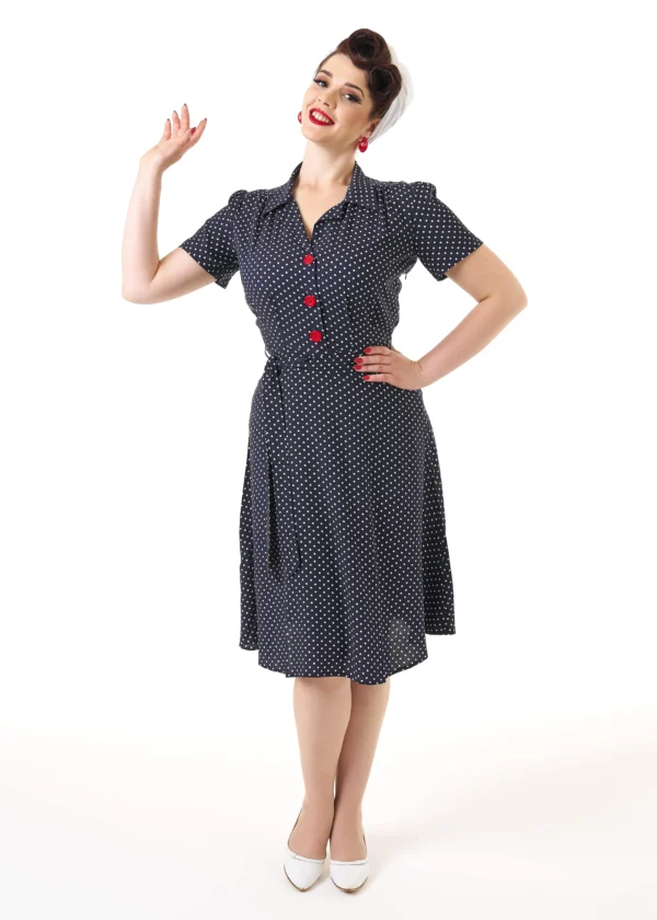Navy Polka 1940's Shirt Dress by Pretty Retro