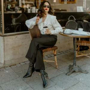 Tailored Audrey Trousers in Black Pinstripe
