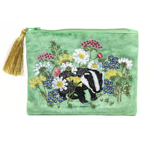 Green floral and badger embroidered velvet zip purse by POM