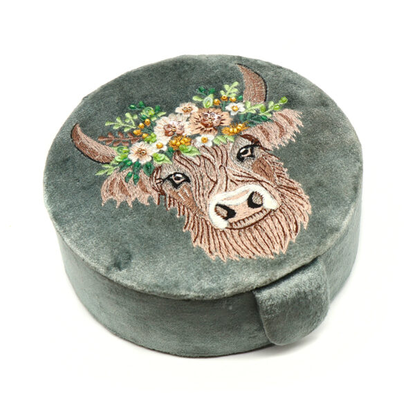 Seafoam highland cow embroidered velvet round jewellery box by POM