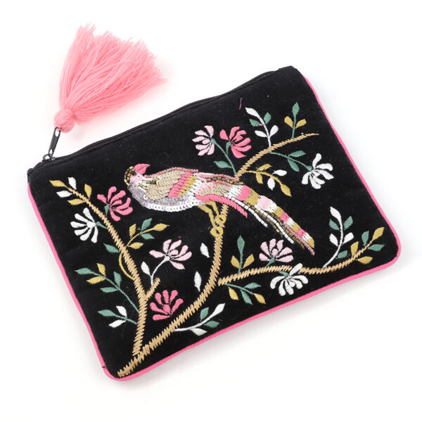 Black velvet and pink mix tropical bird embroidered zip purse by POM