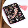 Black velvet and pink mix tropical bird embroidered zip purse by POM - Image 2