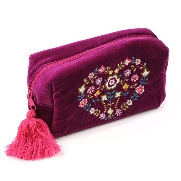 Wine velvet floral heart embroidered wash bag by POM