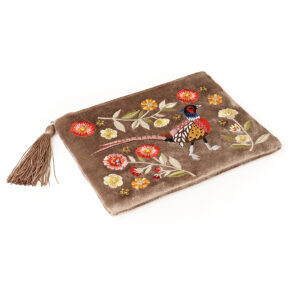 Fawn embroidered pheasant velvet zip purse by POM