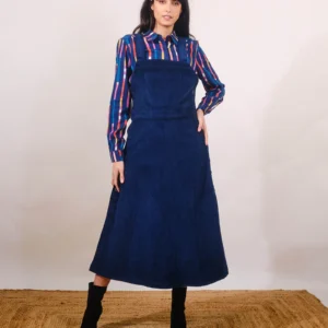 Jennifer Navy Cord Pinafore Dress by Pretty Vacant Clothing
