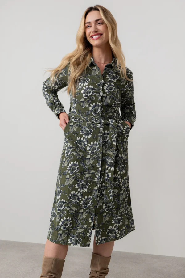 Anya Cotton Pincord Midi Shirt Dress Moss by Lily & Me