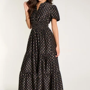 Black & Gold Large Spot Collared Tiered Maxi Dress