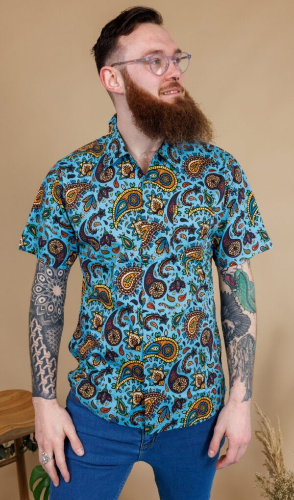 Sky Blue Paisley Short Sleeve Shirt By Run and Fly