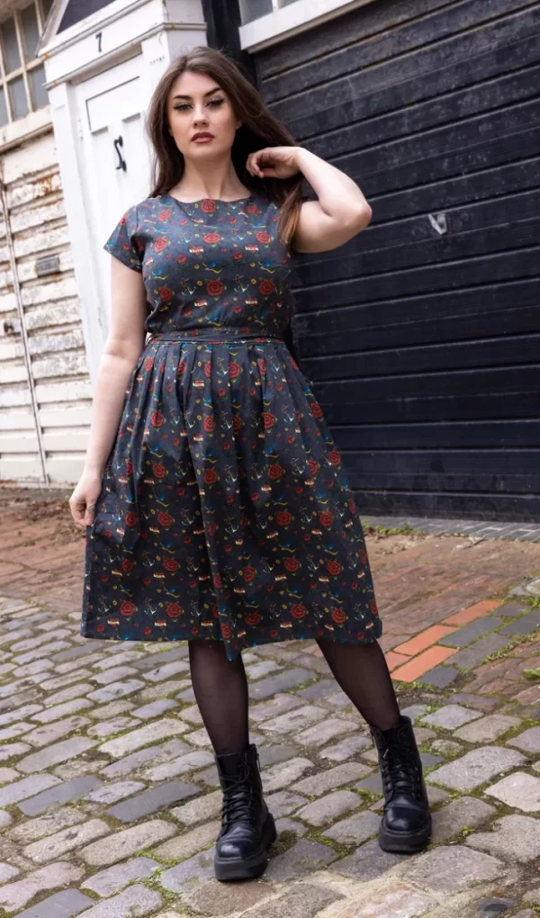 Retro Tattoo Stretch Belted Tea Dress with Pockets by Run and Fly