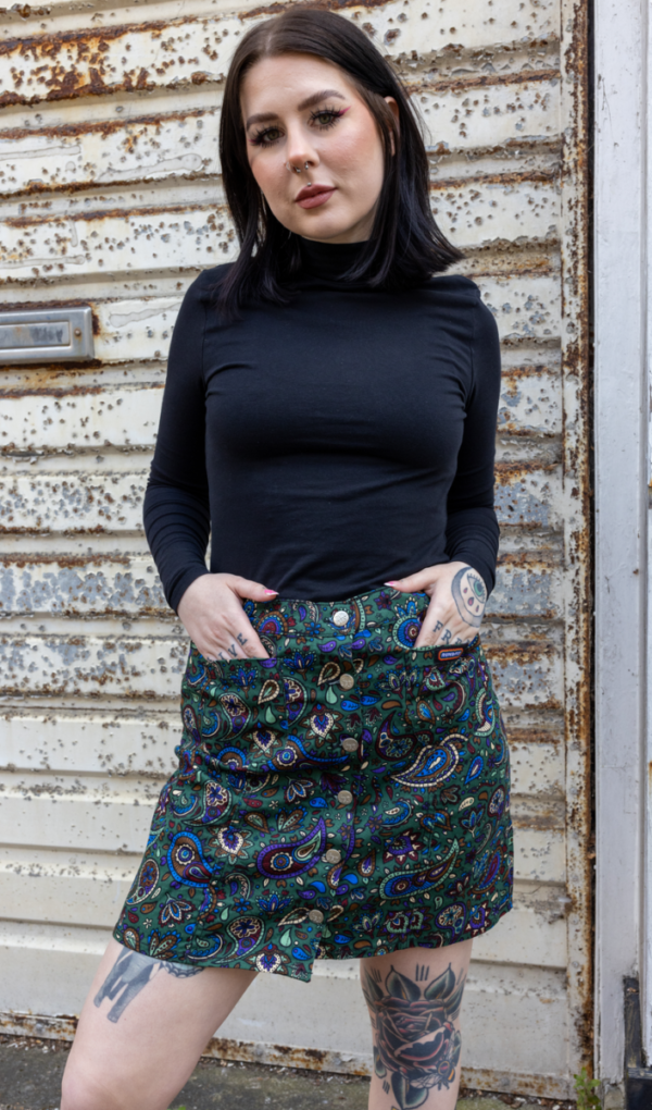 Paisley Green A Line Midi Skirt in Stretch Cotton Twill by Run and Fly