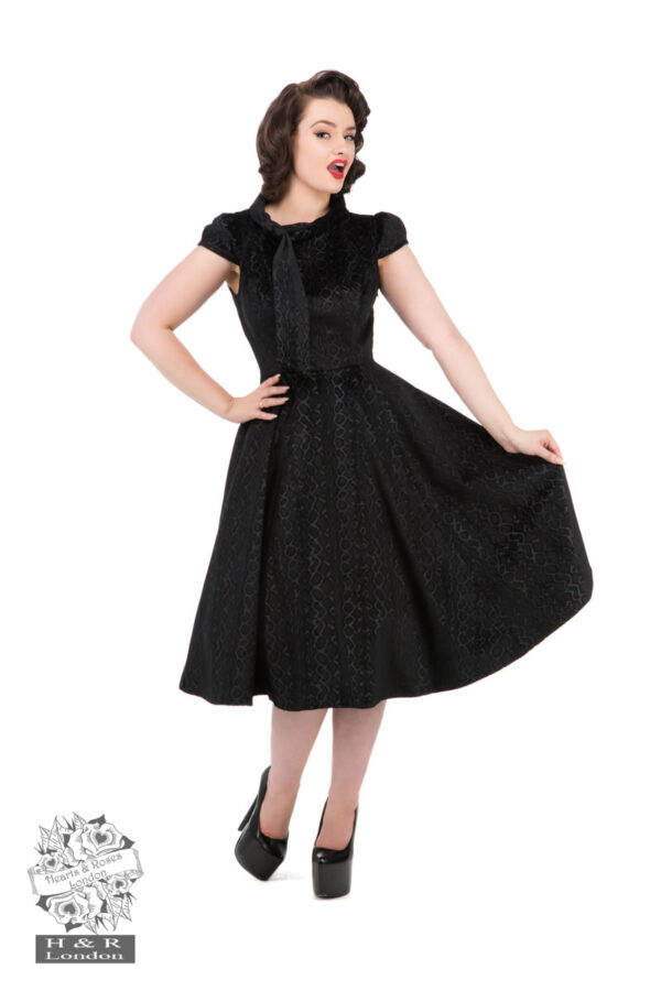 Desirable Black Velvet Flocked Tea Dress by Hearts and Roses