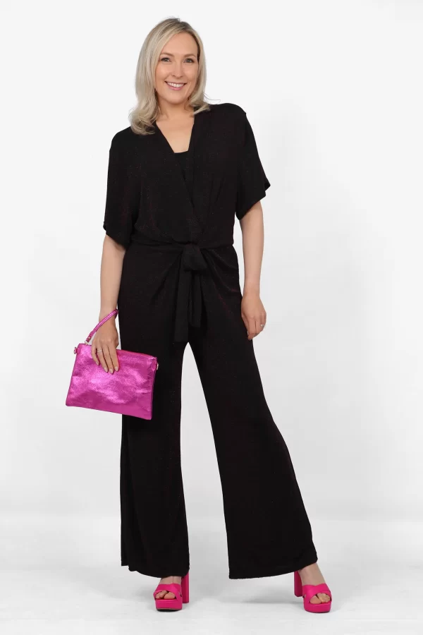 Fuchsia Sparkle Deep V Sassy Jumpsuit With Tie Waist by Sarta