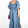 Denim Look Shirred Milkmaid Dress by Sarta MSH - Image 4