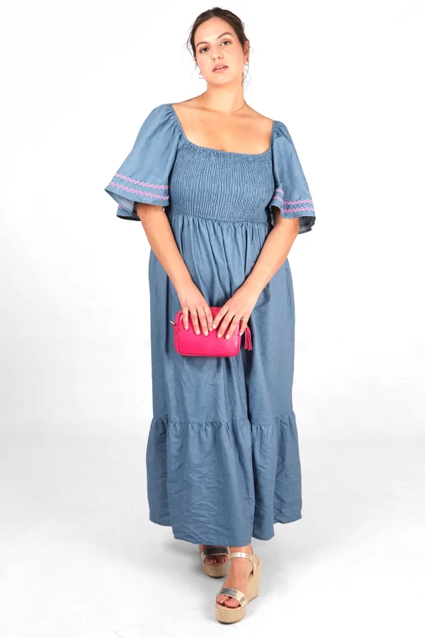 Denim Look Shirred Milkmaid Dress by Sarta MSH