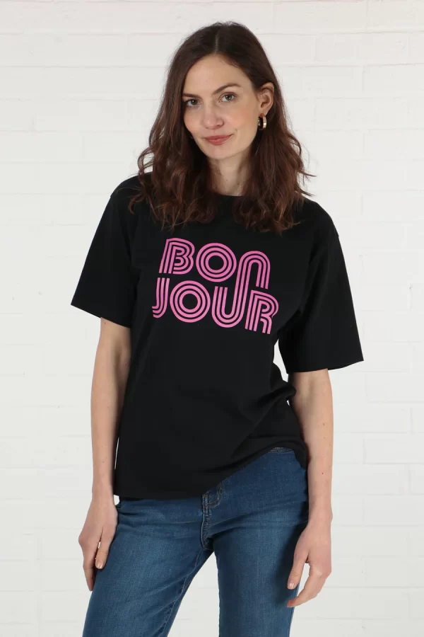 Bonjour Black Cotton Boxy T Shirt by Sarta MSH