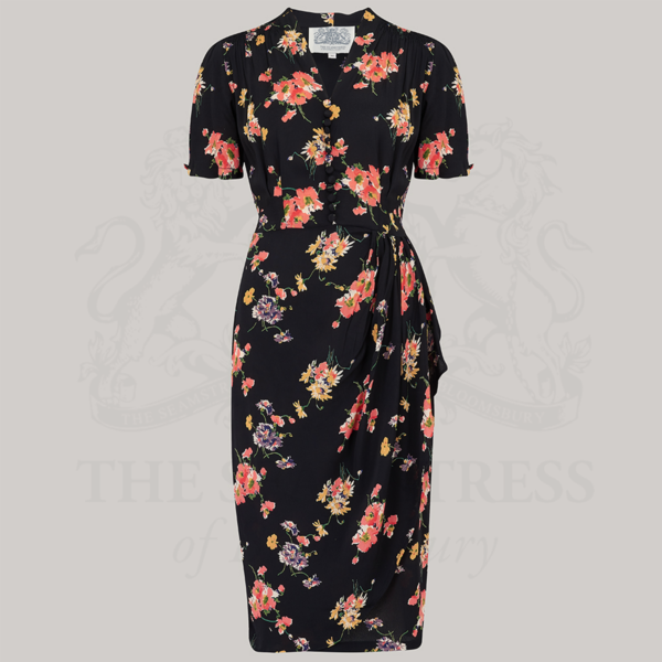 Mabel Waterfall Dress in Soft Black Mayflower Print by The Seamstress of Bloomsbury