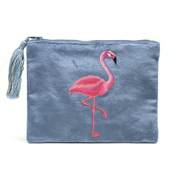 Flamingo Dusky Blue Velvet Tassel Make Up Bag by POM