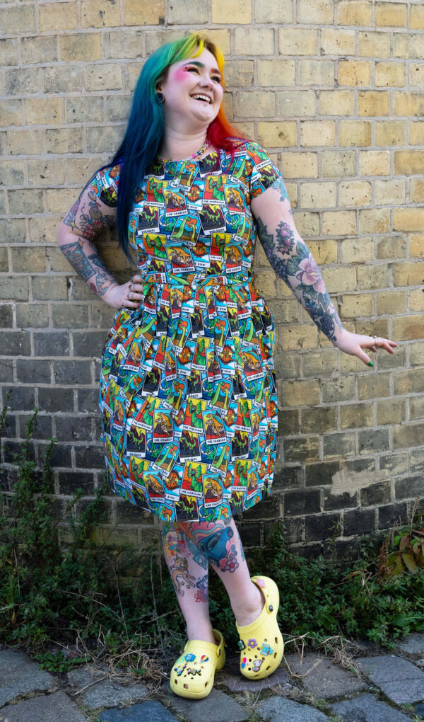 Tarot Dino Tea Dress in Stretch Cotton by Run and Fly