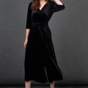 Black Velvet Sparkle V Neck Jumpsuit by Sarta MSH
