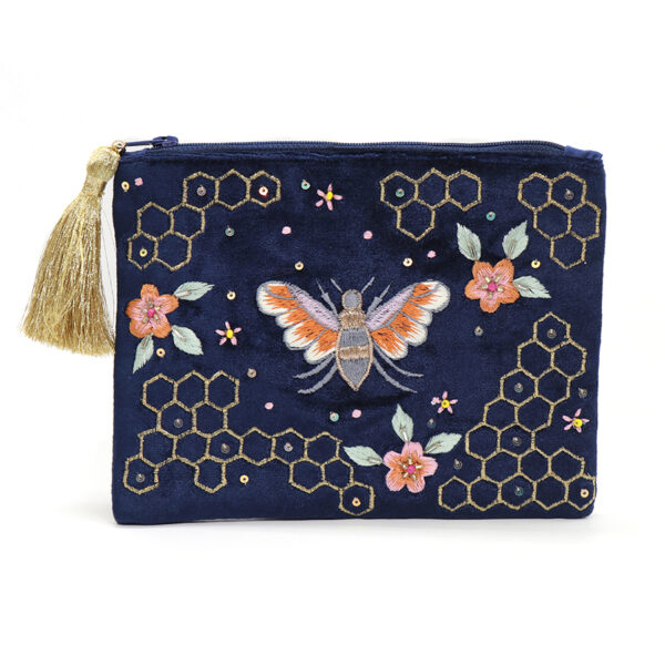 Navy Honeycomb Velvet Zip Make Up Bag Purse by POM