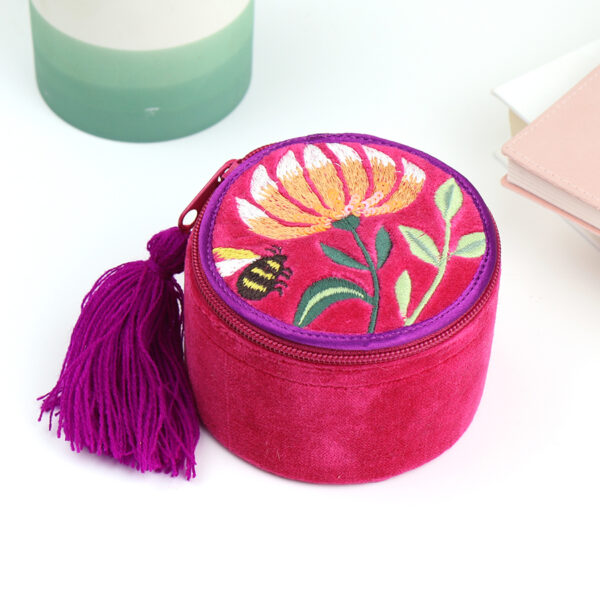 Fuchsia Bee Scene Floral Velvet Jewellery Box by POM