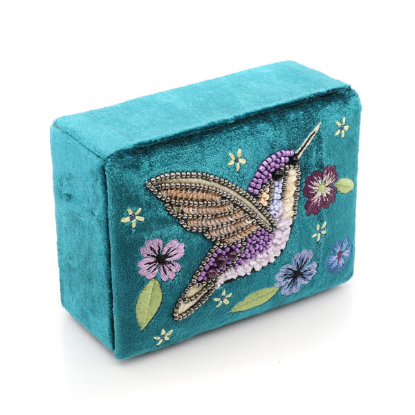 Teal Velvet Hummingbirds Jewellery Box by POM