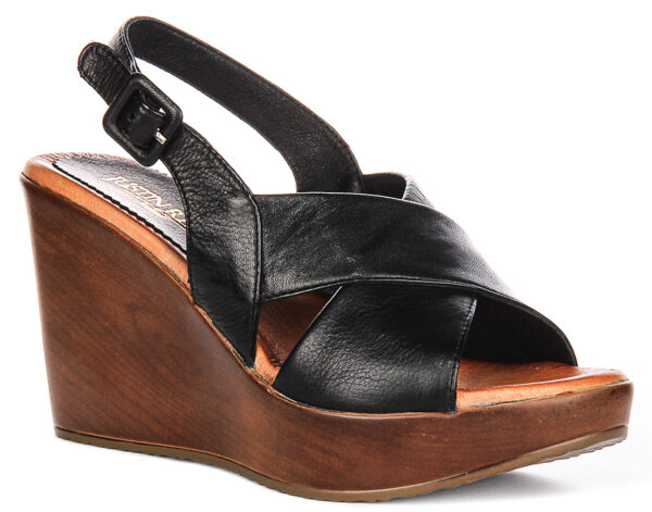 Celeste Wedge Sandals in Black Leather by Justin Reess