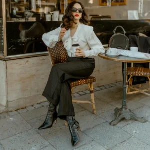 Tailored Audrey Trousers in Black Pinstripe