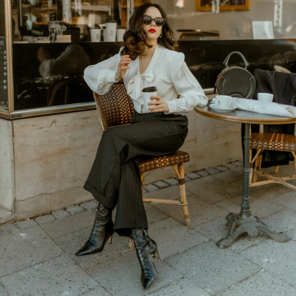 Tailored Audrey Trousers in Black Pinstripe