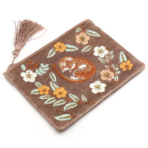Buff sleeping dormouse embroidered velvet zip purse by POM