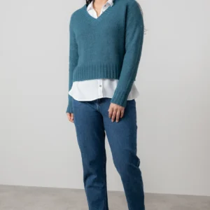 Teal V Neck Woodchester Boxy Knit Jumper by Lily &  Me