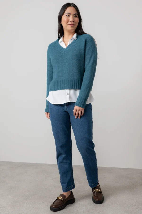 Teal V Neck Woodchester Boxy Knit Jumper by Lily &  Me