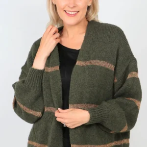 Glitter Stripe Open Front Cardigan in Khaki Green by Sarta MSH