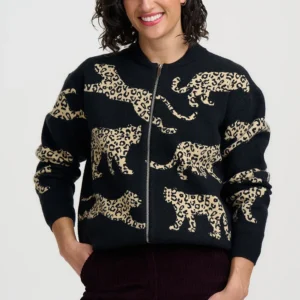 Solana Leopard Knitted Black Bomber Jacket