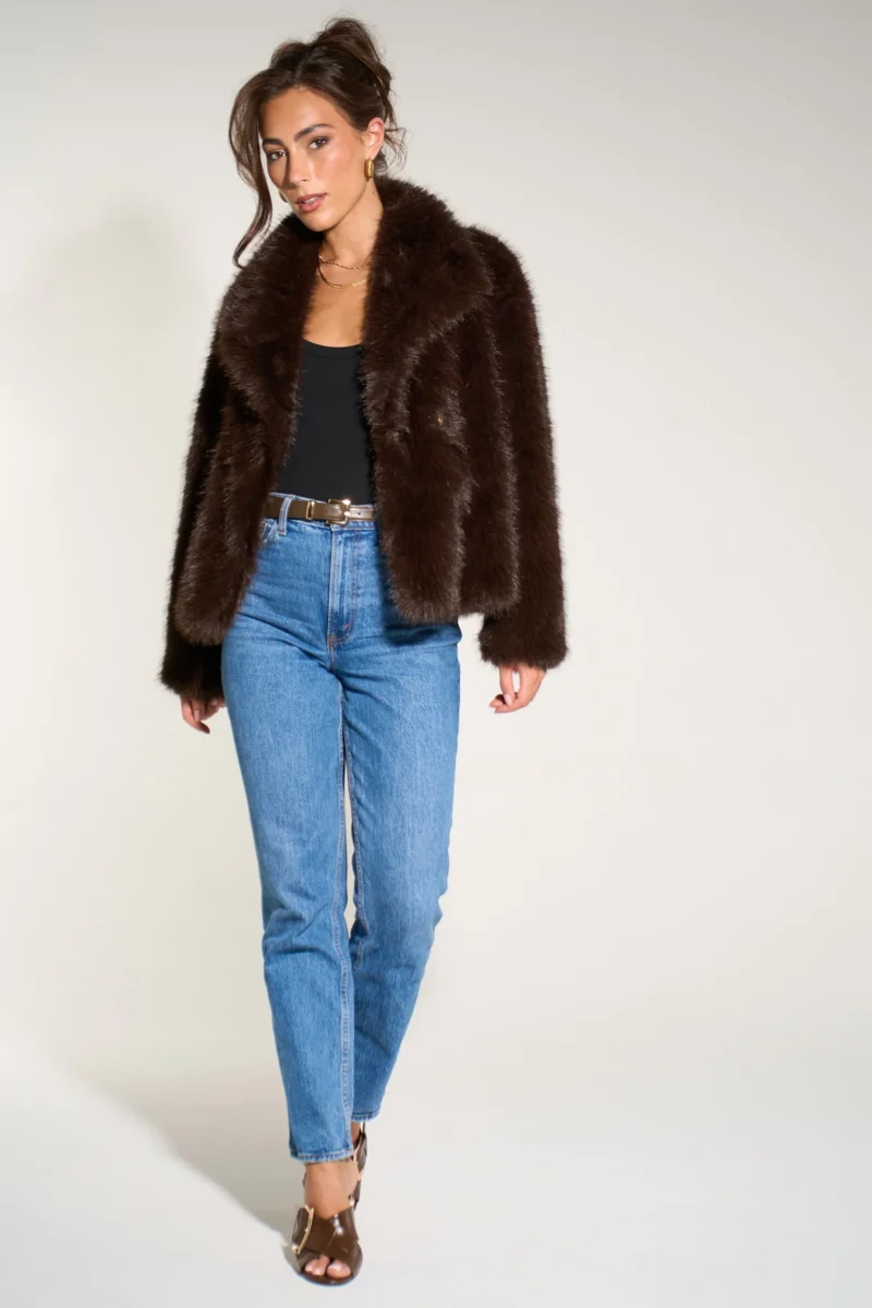 Faux Fur Shawl Collar Brown Jacket - Image 5