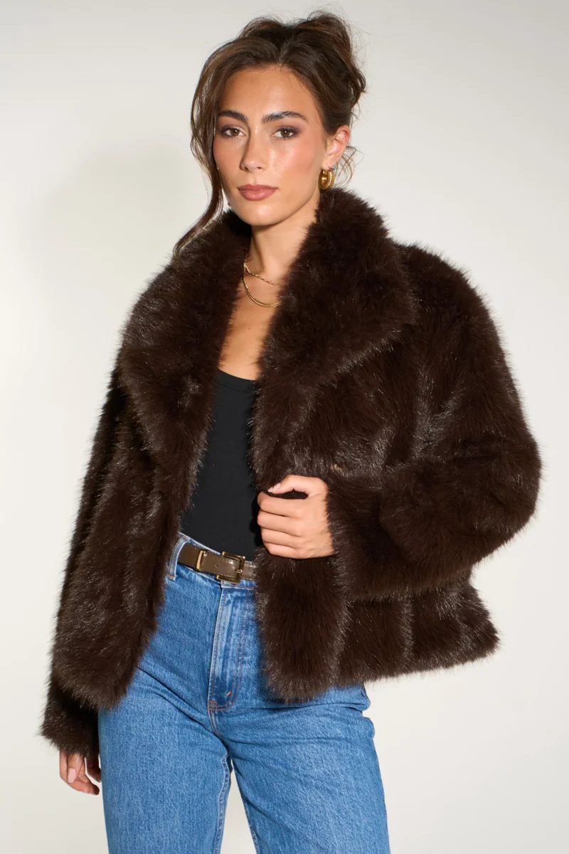 Faux Fur Shawl Collar Brown Jacket - Image 2