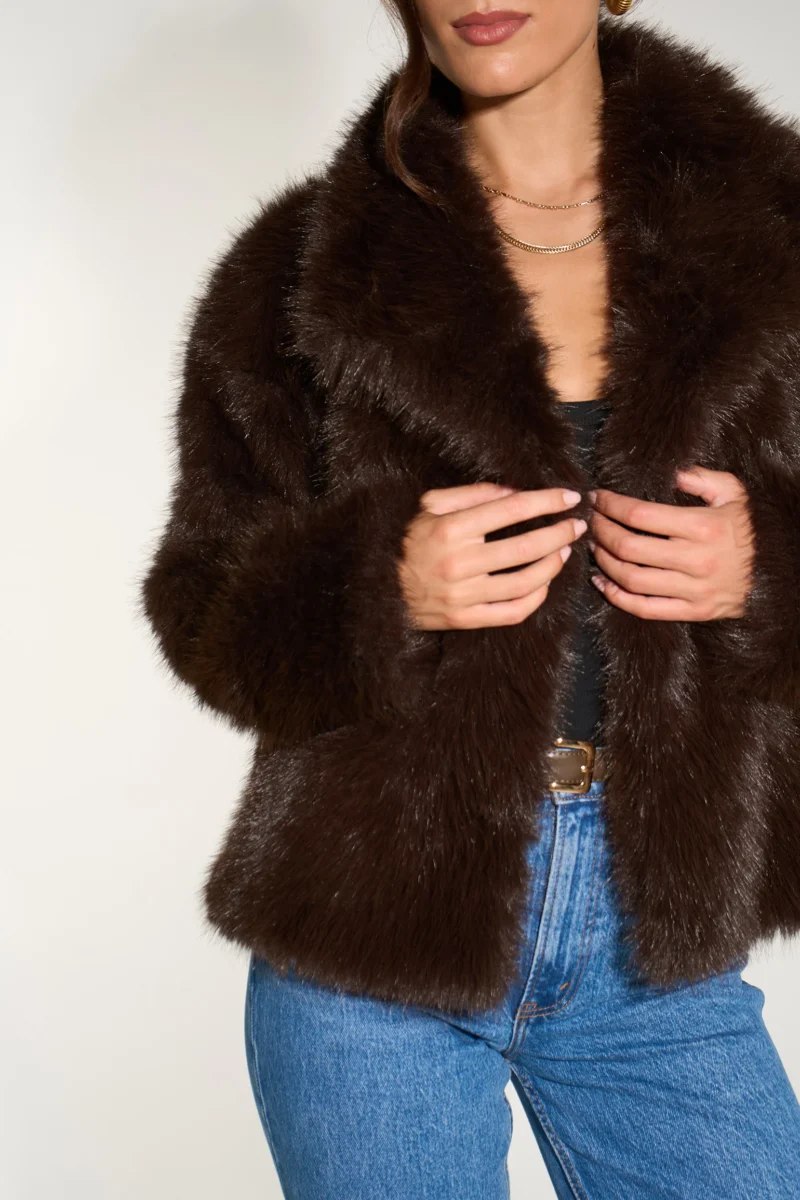 Faux Fur Shawl Collar Brown Jacket - Image 3