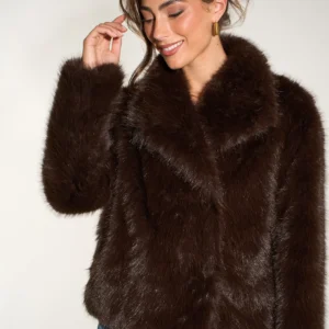 Faux Fur Shawl Collar Brown Jacket