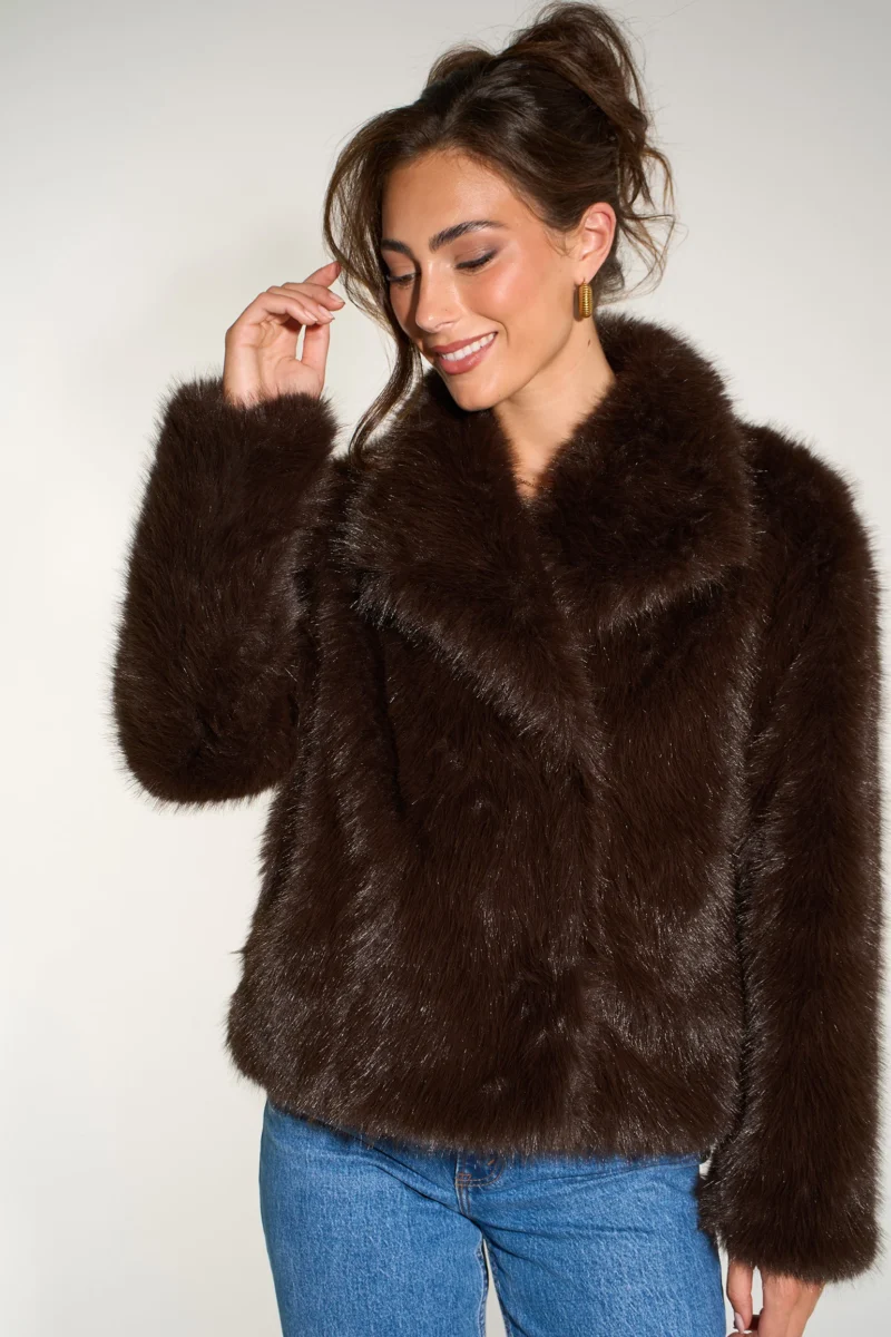 Faux Fur Shawl Collar Brown Jacket
